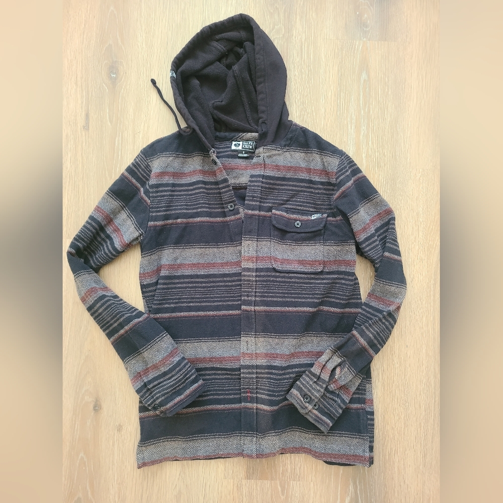 SALTY CREW Men's Striped Shirt Jacket Button Up Size Small With Hood